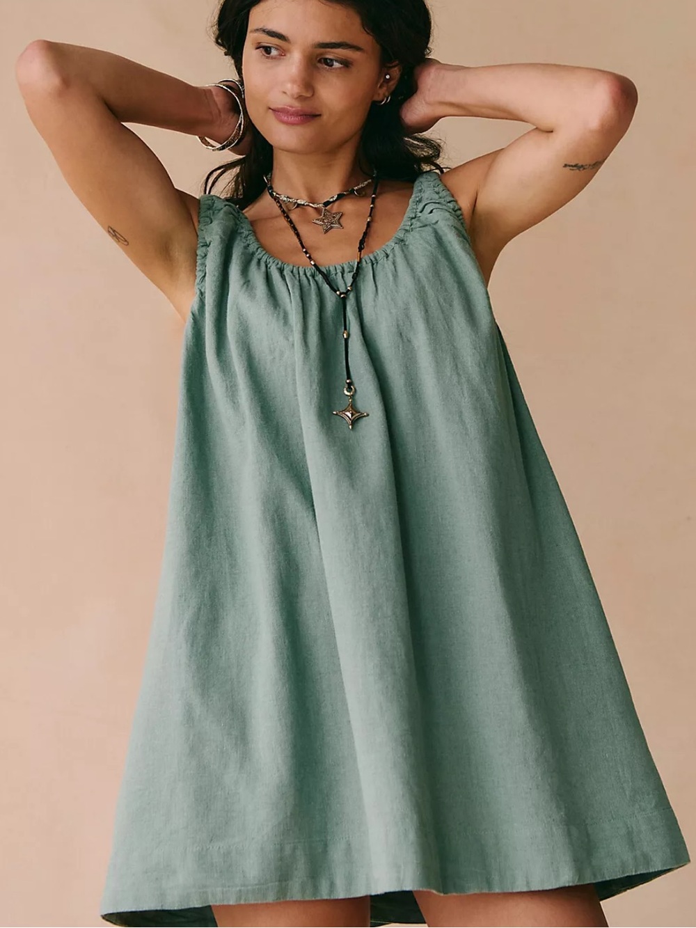 Free People Free-Est Relaxed Sage Green Amanda Linen Cotton Mini Dress Size M